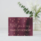 Bourgondië Roos Gouden Sparkle Maid of Honor Uitnodiging Briefkaart (Staand voorkant)