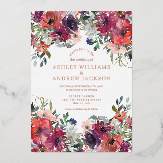 Bourgondië & Rosy Gold Waterverf Bloemen Huwelijk Folie Uitnodiging (Voorkant)