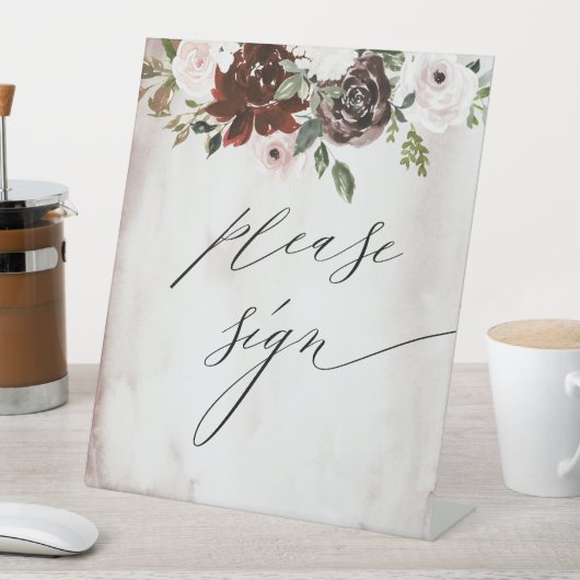 Bourgondië Roze Bloemen Bruiloft Gastenboek Reclamebord Met Voetstuk (Insitu)