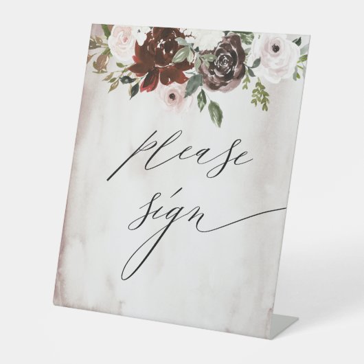 Bourgondië Roze Bloemen Bruiloft Gastenboek Reclamebord Met Voetstuk (Voorkant)
