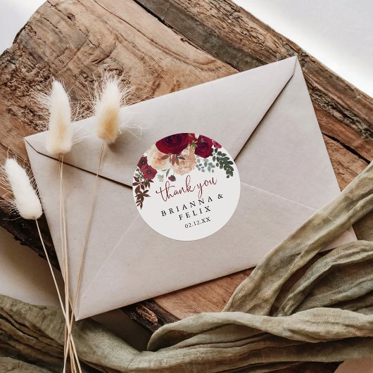 Bourgondië roze bloemen dank u bruiloft gunst ronde sticker