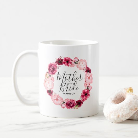 Bourgondië & Roze Bloemen Krans Moeder van de Brui Koffiemok (Met donut)