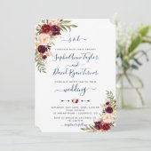 Bourgondië Roze Bloemen Marine Blauwe Kalligrafie Kaart (Staand voorkant)