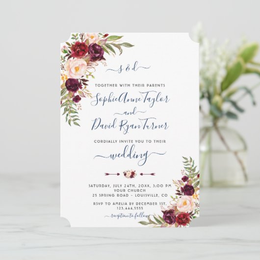 Bourgondië Roze Bloemen Marine Blauwe Kalligrafie  Kaart (Staand voorkant)