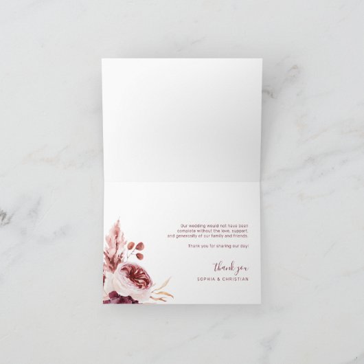 Bourgondië & Roze Bloemen Vallen Bruiloft Dank u k Bedankkaart (Binnen)