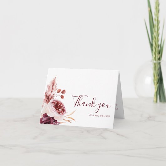 Bourgondië & Roze Bloemen Vallen Bruiloft Dank u k Bedankkaart (Voorkant)
