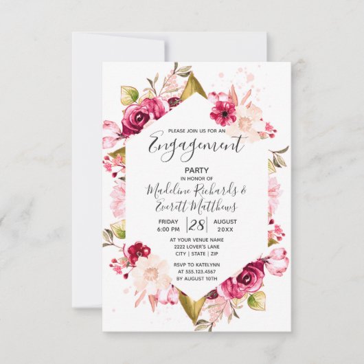 Bourgondië & Roze Bloemen Verlovingsfeest Uitnodig Kaart (Voorkant)