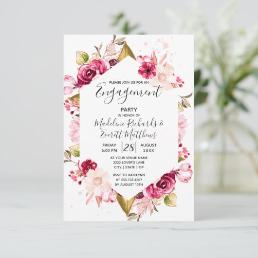 Bourgondië & Roze Bloemen Verlovingsfeest Uitnodig Kaart (Staand voorkant)