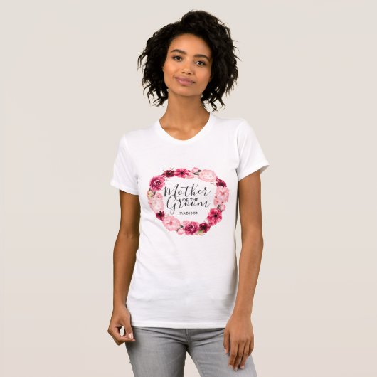 Bourgondië & Roze Bloemenkrans Moeder van de bruid T-shirt (Voorkant volledig)