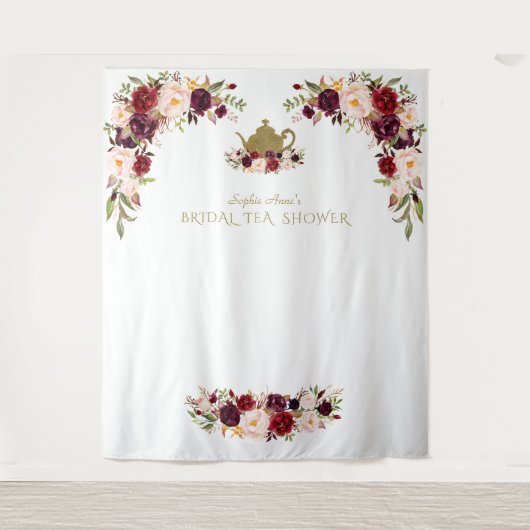Bourgondië Roze Bloemige Bruiloftstheeceremonie Fo Wandkleed (Voorkant)