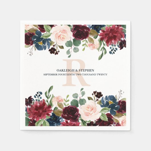 Bourgondië roze bloemige Waterverf Monogram bruilo Servet (Voorkant)