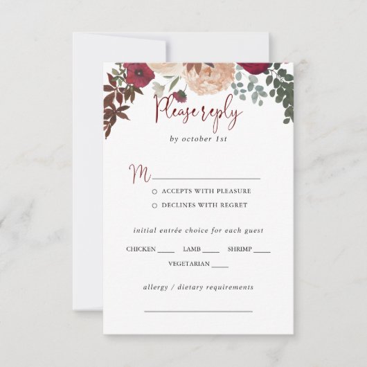 Bourgondië Roze Blush Bloemen Bruiloft Menu Keuze (Voorkant)