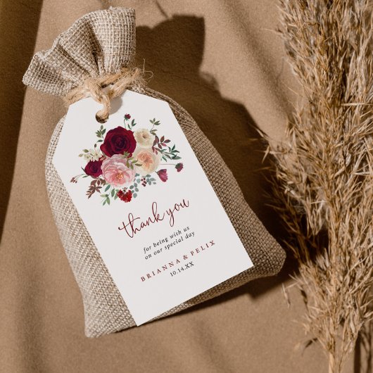 Bourgondië roze blush bloemenbruiloft dank u cadeaulabel