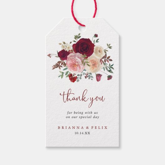 Bourgondië roze blush bloemenbruiloft dank u cadeaulabel (Voorkant)