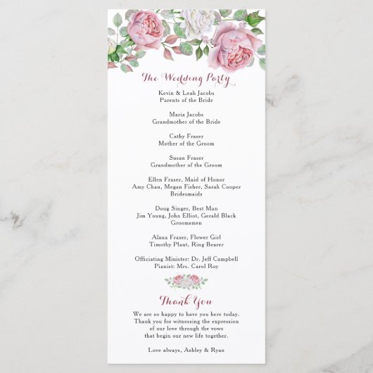 Bourgondië roze chique Roos bloemenbruiloft progra Programmakaart (Achterkant)