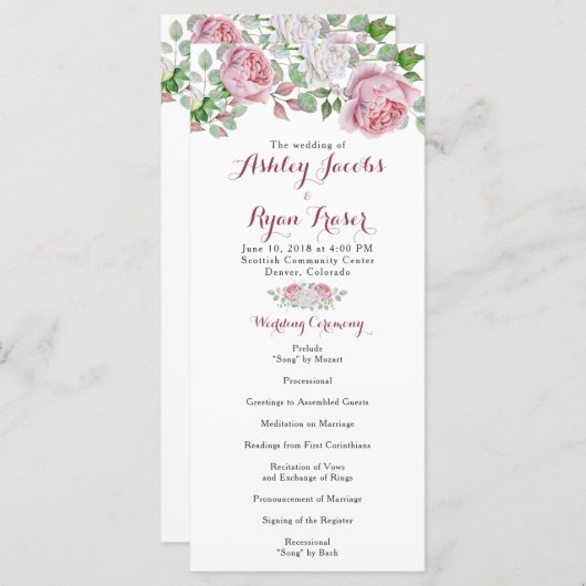 Bourgondië roze chique Roos bloemenbruiloft progra Programmakaart (Voorkant / Achterkant)