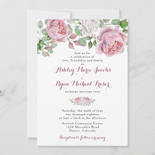 Bourgondië roze chique Roos bloemenbruiloft uitnod Kaart (Voorkant)