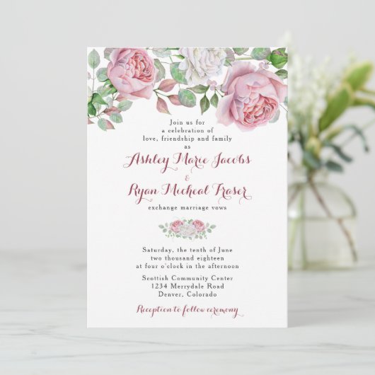 Bourgondië roze chique Roos bloemenbruiloft uitnod Kaart (Staand voorkant)