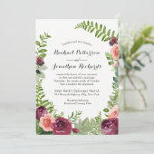 Bourgondië roze fantasie bloemenbruiloft uitnodigi kaart (Staand voorkant)