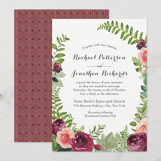 Bourgondië roze fantasie bloemenbruiloft uitnodigi kaart (Voorkant / Achterkant)