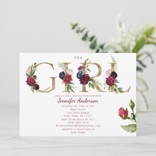 Bourgondië Roze Goud Roos Baby Meisje Douche Kaart (Staand voorkant)