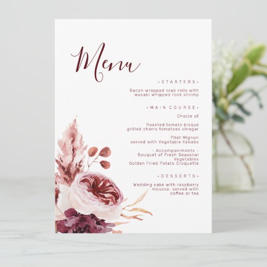 Bourgondië & Roze Herfst herfst bruiloft Menu (Staand voorkant)