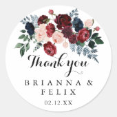 Bourgondië Roze Marine Bloemen Dank u bruiloft gun Ronde Sticker (Voorkant)