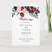 Bourgondië roze marine bloemengevouwen bruiloft programma (Voorkant)