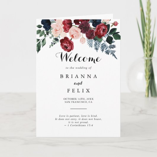 Bourgondië roze marine bloemengevouwen bruiloft programma (Voorkant)