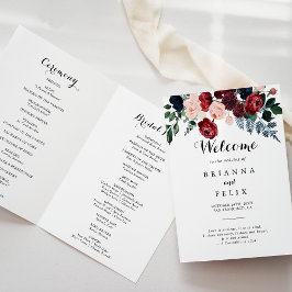 Bourgondië roze marine bloemengevouwen bruiloft programma