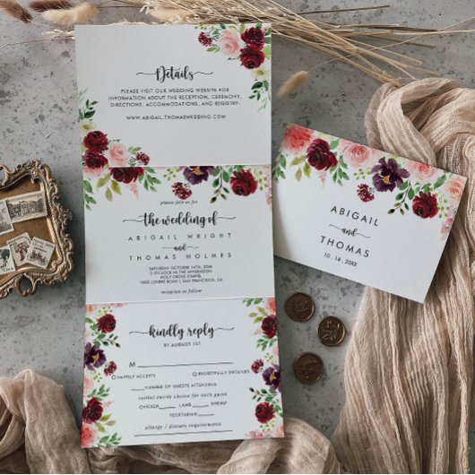 Bourgondië Roze Paarse lente Bloemen bruiloft van Drieluik Uitnodiging