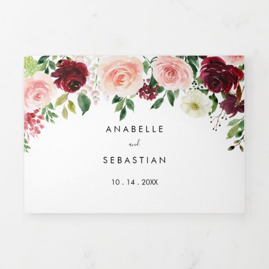 Bourgondië roze Paarse lente bloemenbruiloft Drieluik Uitnodiging (Cover)