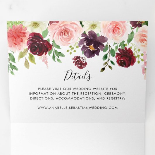 Bourgondië roze Paarse lente bloemenbruiloft Drieluik Uitnodiging (Binnenzijde eerst)