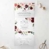 Bourgondië roze Paarse lente bloemenbruiloft Drieluik Uitnodiging (Binnen)