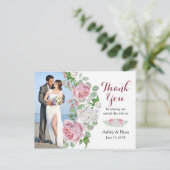 Bourgondië roze roos foto bruiloft dank u briefkaart (Staand voorkant)