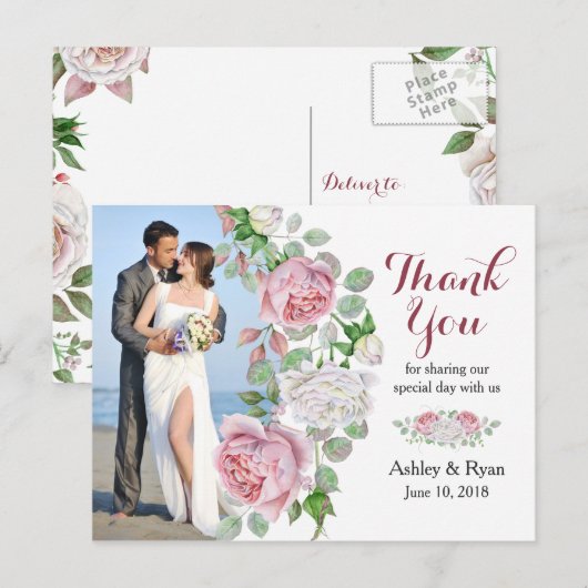 Bourgondië roze roos foto bruiloft dank u briefkaart (Voorkant / Achterkant)