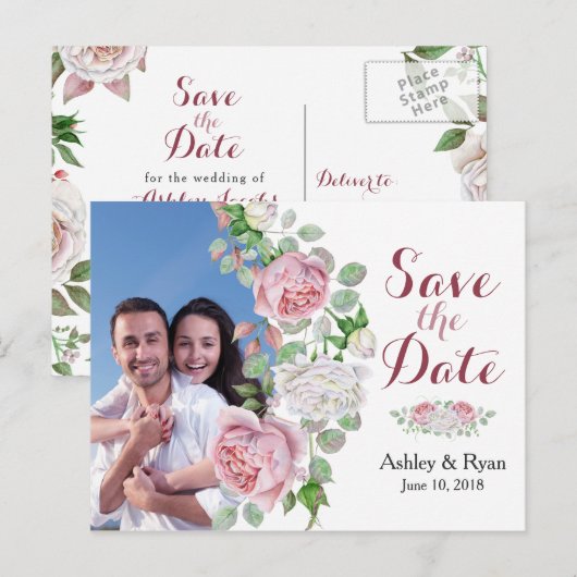 Bourgondië Roze Rose Foto Bruiloft Save the Date Aankondigingskaart (Voorkant / Achterkant)