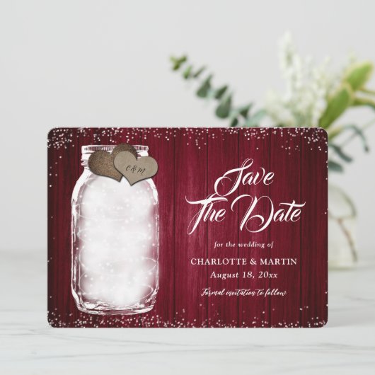 Bourgondië Rustieke Mason Jar Lights Hout Wedding Save The Date (Staand voorkant)