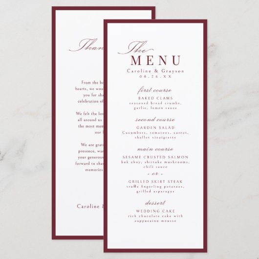 Bourgondië sierlijke script typografie bruiloft menu (Voorkant / Achterkant)