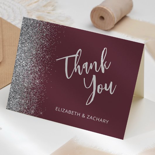 Bourgondië Silver Glitter Script Wedding Bedankt Kaart