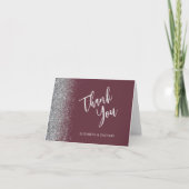 Bourgondië Silver Glitter Script Wedding Bedankt Kaart (Voorkant)