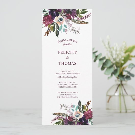 Bourgondië Splendor Boho Bloemen Wit Bruiloft Kaart (Staand voorkant)