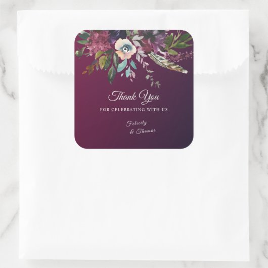 Bourgondië Splendor Waterverf Bloemen Dank u Vierkante Sticker (Tas)