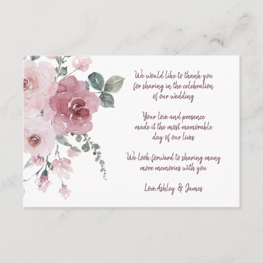 Bourgondië Stof Roze Bloemen Bruiloft Dankjewel Informatiekaartje (Voorkant)