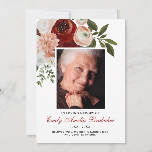 Bourgondië Terracotta Floral Funeral Sympathy Bedankkaart (Voorkant)