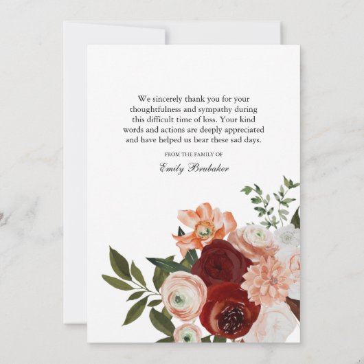 Bourgondië Terracotta Floral Funeral Sympathy Bedankkaart (Achterkant)