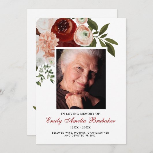 Bourgondië Terracotta Floral Funeral Sympathy Bedankkaart (Voorkant / Achterkant)