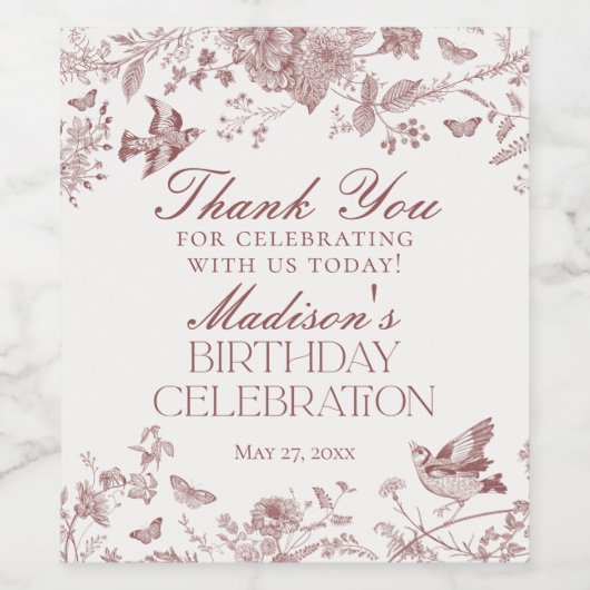 Bourgondië Toile de Jouy Floral Verjaardagsfeestje Wijn Etiket (Enkel label)