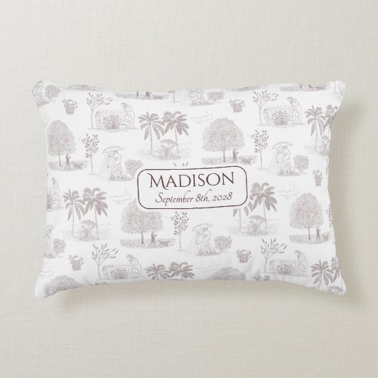 Bourgondië Toile de Jouy Naam Geboortedatum Baby Accent Kussen (Voorkant)