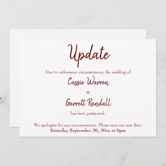 Bourgondië "update" uitgesteld bruiloft Kaart (Voorkant / Achterkant)